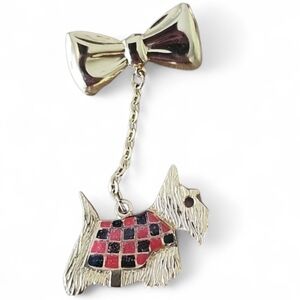 Vintage Scottish Terrier Dog Brooch Pin Plaid Enamel Bow Chain Dangle 2.5"